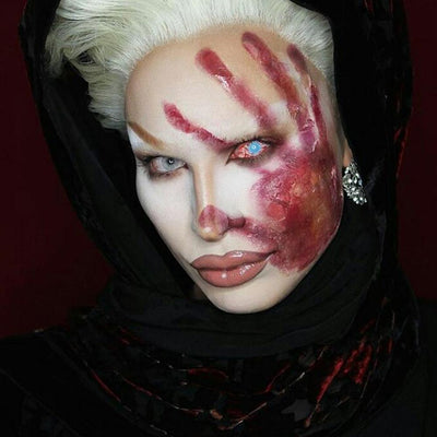 Model are wearing Bloodshot Infected Zombie Sclera Contacts