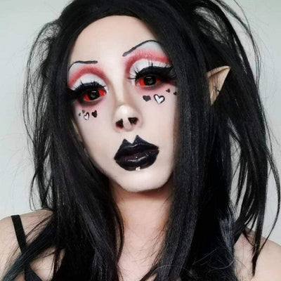 Model are wearing Red and Black Sclera Contacts