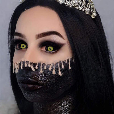 Model are wearing Black And Yellow Sclera Contacts