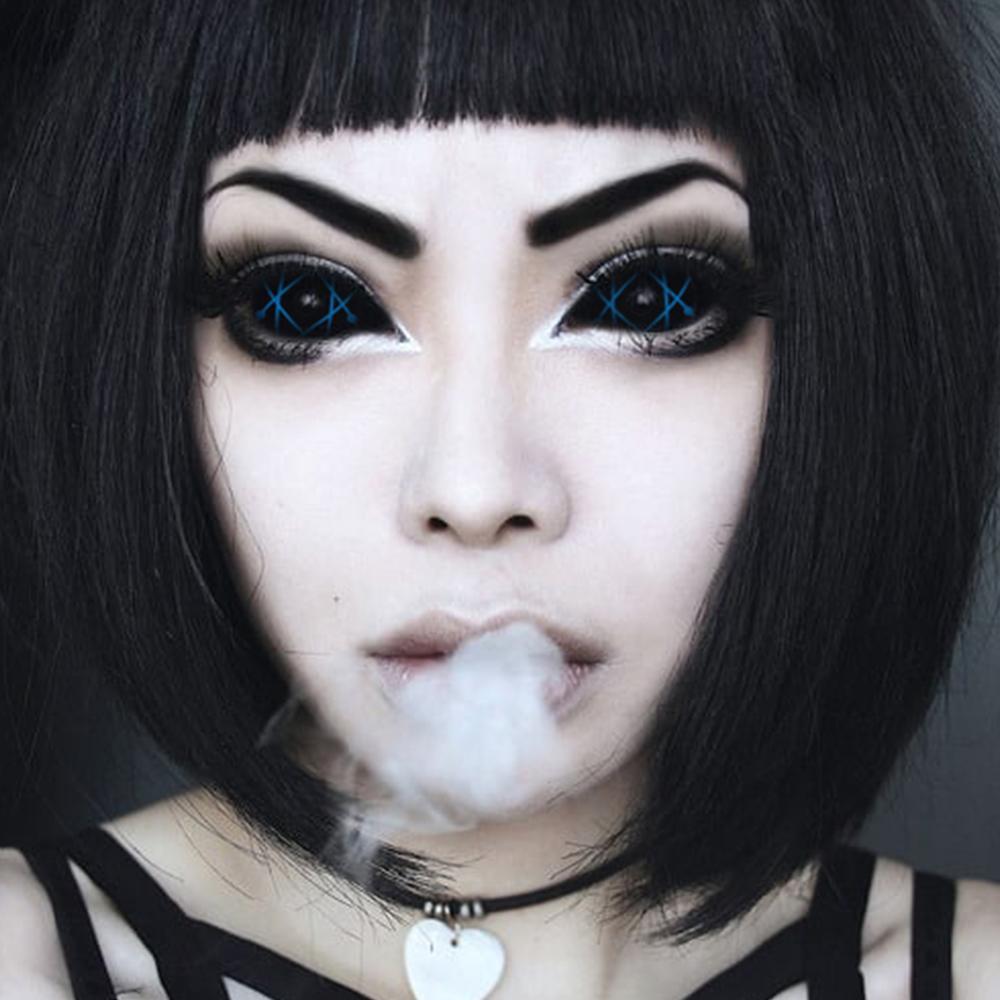 Model are wearing Blue Star Trails Sclera Contacts